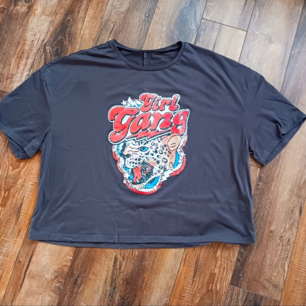 Shein Curve-Gray Boxy Oversized "GIRL GANG" Tiger Graphic T-Shirt